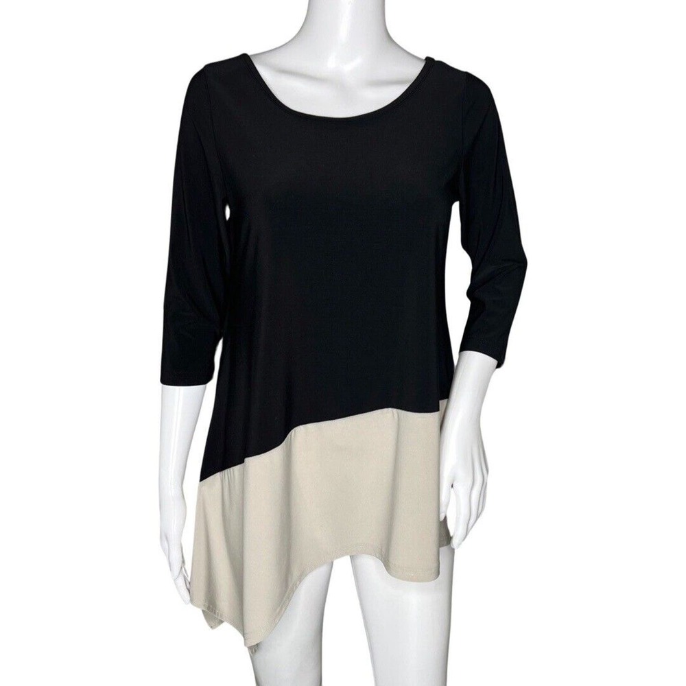 Sympli Reversible Angle Tunic Top Womens Size 4 Black Beige Asymmetrical Hem